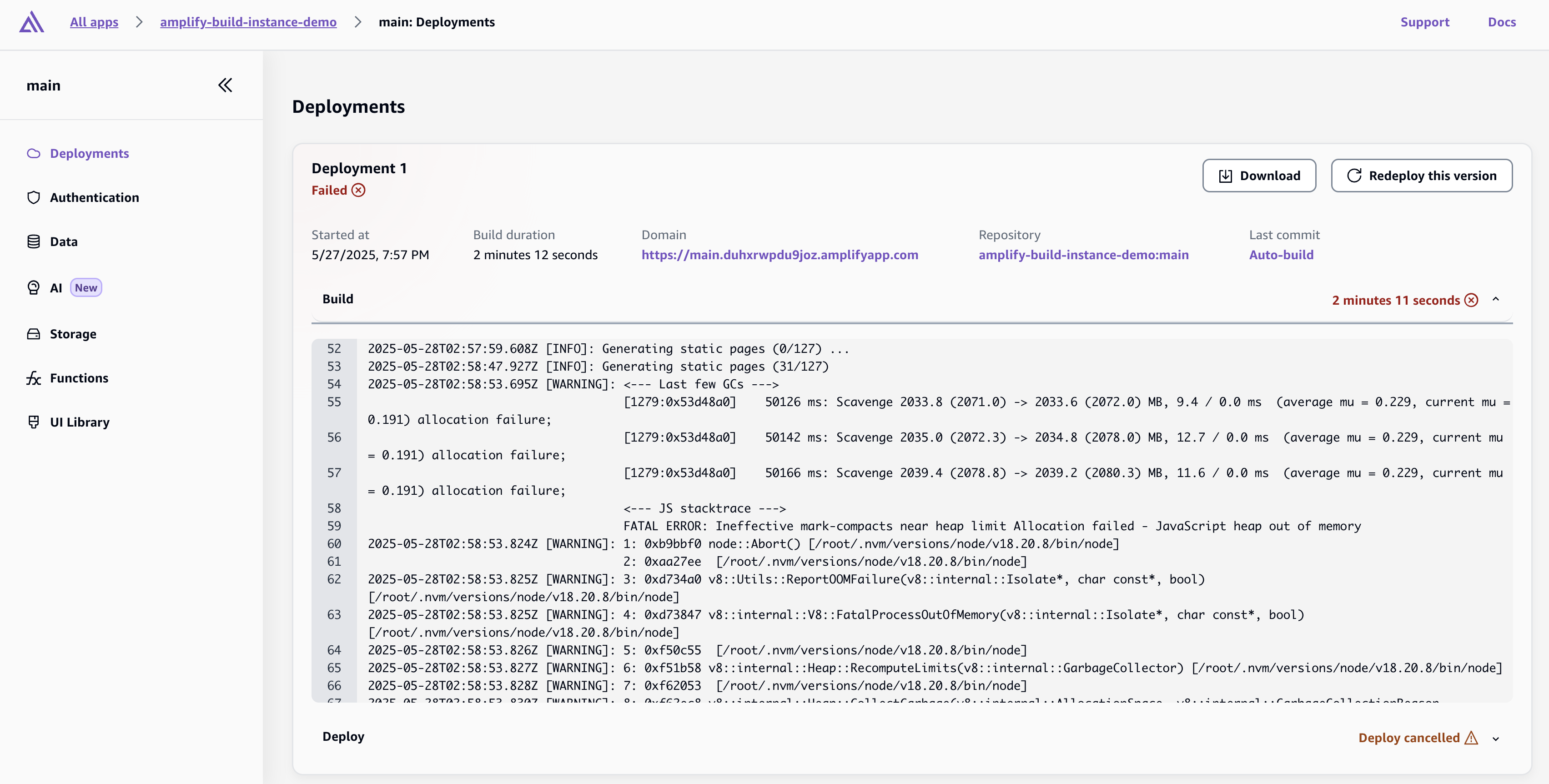 Screenshot of a failed deployment in the amplify hosting console